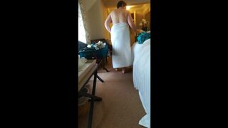 Great views of mature busty wife, topless in a towel Part 1