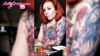 Horny Tattooed Girl Eats Naked and Plays with Tits - Solo