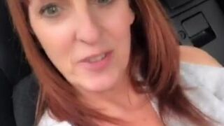 British milf shows her pussy in car