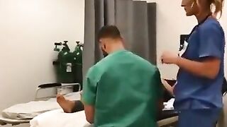 Nurse showing off in behind doctor & customer