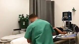 Nurse showing off in behind doctor & customer