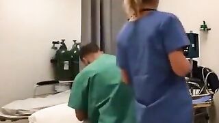 Nurse showing off in behind doctor & customer