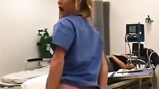 Nurse showing off in behind doctor & customer