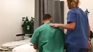 Nurse showing off in behind doctor & customer