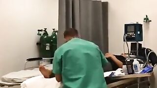 Nurse showing off in behind doctor & customer