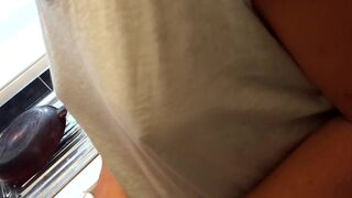 Braless Gf big hard long nipples cooking in kitchen