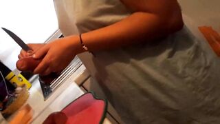 Braless Gf big hard long nipples cooking in kitchen