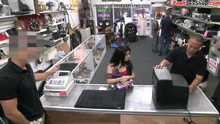 Busty pawnshop Latina bent over desk after bj