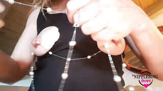 Pearl Chain Necklace through my Xxl Pierced Nipples