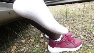 Sexy Girl in Stockings Shows her Legs and Wears Dress White Socks Feet Foot Fetish