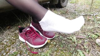 Sexy Girl in Stockings Shows her Legs and Wears Dress White Socks Feet Foot Fetish