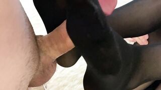 Footjob in Black Pantyhose Cumshot on Feet