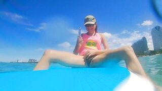 OPEN SEA Masturbation Disturbed by Fishermen Boat # Pussy FUCK on SUP by Glass Dildo Toy