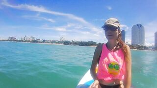 OPEN SEA Masturbation Disturbed by Fishermen Boat # Pussy FUCK on SUP by Glass Dildo Toy