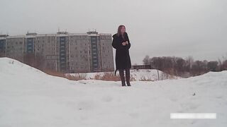 Winter Street Photoshoot in a Fur Coat on a Naked Body