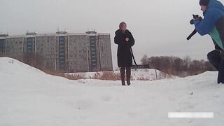 Winter Street Photoshoot in a Fur Coat on a Naked Body