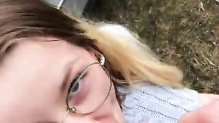 Cute Blonde Girl gives Blowjob and Ass in Parking Lot Takes Cum in her Mouth in Public