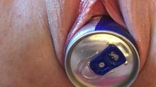 Red Bull can in loose teen's pussy