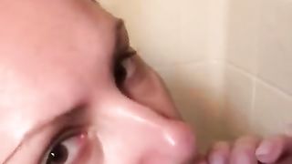 Busty babe blowjob in bathroom