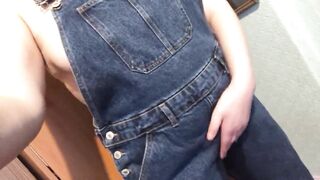 Wetting Denim Overalls and Rubbing Pussy