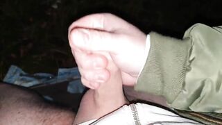 Stroking my pierced cock in the woods + cumshot with moaning