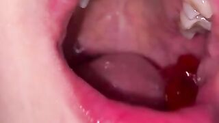 Open mouth gummy swallowing. Underwear