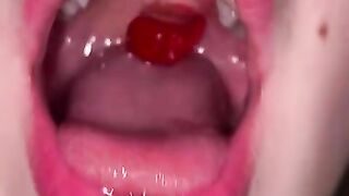 Open mouth gummy swallowing. Underwear