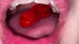 Open mouth gummy swallowing. Underwear