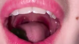 Open mouth gummy swallowing. Underwear