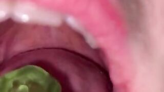 Open mouth gummy swallowing. Underwear