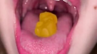 Open mouth gummy swallowing. Underwear