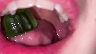 Open mouth gummy swallowing. Underwear