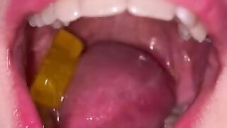 Open mouth gummy swallowing. Underwear