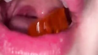 Open mouth gummy swallowing. Underwear