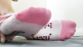 I take my peach socks off to show my soft soles and perfect toes