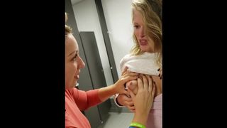 MFF Breastfeeding Squirting Threeway in a Public Restroom