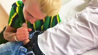 Blond Twink suck blowjob cleanup Hotel Room cum in