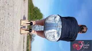 Sandra Jayde 11-0422 with shiny stocking jeans miniskirt and leather sandals trailer