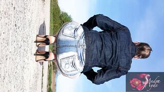 Sandra Jayde 11-0422 with shiny stocking jeans miniskirt and leather sandals trailer