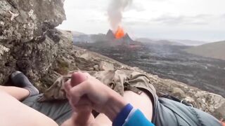 The guy masturbates to the eruption of the volcano, and then his cock spews sperm