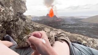 The guy masturbates to the eruption of the volcano, and then his cock spews sperm