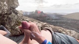 The guy masturbates to the eruption of the volcano, and then his cock spews sperm