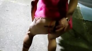 Sissy in chastity and slutty lingerie masturbating her ass with dildo in a public park at night.