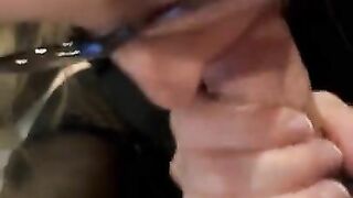 Glasses blowjob and cum on nylon foot