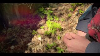 Bearded guy pissing in the forest. A man relieves himself in nature