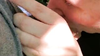 Blowjob from babygirl in the woods by the river and walking trail outdoors  in nature