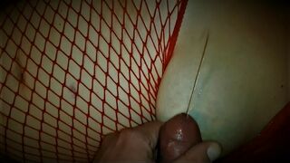 The milf in the red fishnet overalls waxed the sperm on her tits while masturbating together.