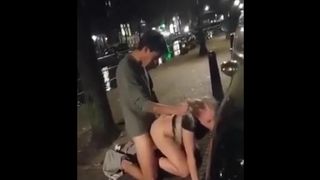 Girl gets her pounding oudoor on walkway - 50 feet to party