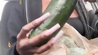 horny slut squirts and creams using cucumber