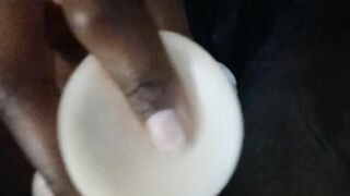 Ebony masturbate on white cock